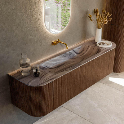 MONDIAZ KURVE-DLUX Meuble de salle de bains 160cm arrondi Gauche + Droite couleur Walnut avec 1 tiroir et 2 portes. Lavabo BIG MEDIUM Central sans trou de robinet Sombra.