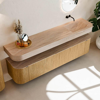 MONDIAZ THOR-DLUX 200cm badmeubel ronding links + rechts kleur Oak met 2 lades en 2 deuren. Vrijhangende wastafel CLOUD Rechts zonder kraangat kleur Saba.