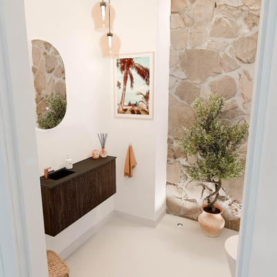 Mondiaz JOYA 90cm toiletmeubel - kleur Walnut - Wastafel FAYE positie Links 1 kraangat kleur Urban.