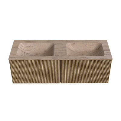 MONDIAZ KURVE-DLUX Meuble de salle de bains 130 cm couleur Dusk avec 2 tiroirs et 0 porte. Lavabo LEAF Double 2 trous de robinet Saba.