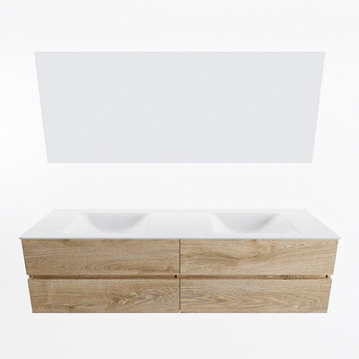 MONDIAZ Vica Badkamermeubelset - 180cm - onderkast washed oak - 4 lades - wastafel cloud dubbel - zonder kraangaten - kleur talc - LED spiegel - XL versie 60cm hoog