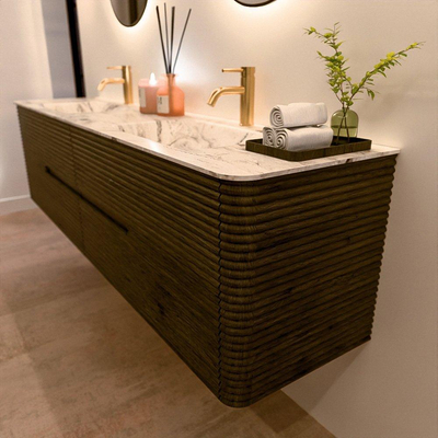 Mondiaz CIRO-DLUX Badkamermeubelset - 190x45x50cm - Solid surface wastafel Glace - 2 wasbak Dubbel - 2 kraangaten - 4 lades - Shadow