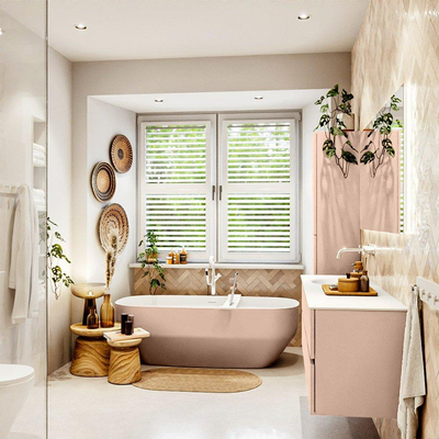 Mondiaz VICA ensemble de meuble de salle de bain - 150cm - meuble sous vasque rosee - 4 tiroirs - lavabo moon gauche - sans trous de robinet - version haute de 60cm - talc