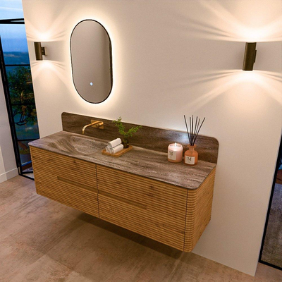 Mondiaz CIRO-DLUX Badkamermeubelset - 160x45x50cm - Solid surface wastafel Oza - 1 wasbak Links - zonder kraangaten - 4 lades - Oak