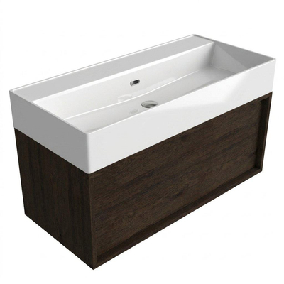 Saniclass Holz Frame Ensemble de meubles de salle de bains - 100x45x52cm - Legend lavabo en céramique blanc - 1 vasque - sans trou de robinetterie - 1 tiroir - chêne charcoal mat (bois)