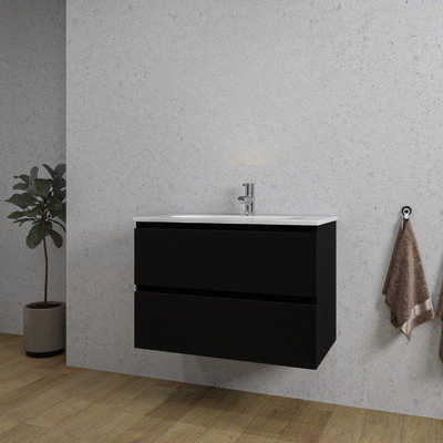Adema Chaci Ensemble de meuble - 80x46x57cm - 1 vasque ovale en céramique blanc - 1 trou de robinet - 2 tiroirs - noir mat