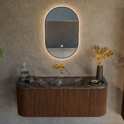 MONDIAZ KURVE-DLUX 120cm badmeubel met module 25 Len R kleur Walnut met 1 lade en 2 deuren. Wastafel BIG SMALL midden zonder kraangat kleur Lava.