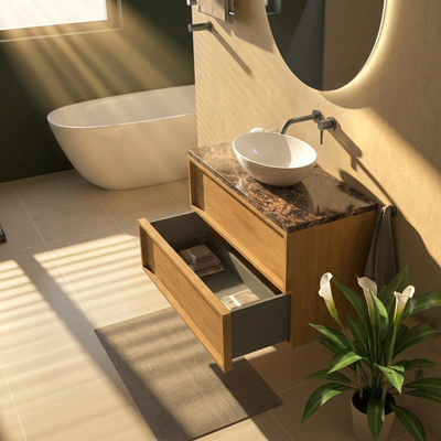Saniclass Holz Frame Ensemble meuble de salle de bains - 100x45x63cm - Plan en pierre naturelle Noche dark emperador - sans trou de robinet - 2 tiroirs - chêne natural mat (bois)