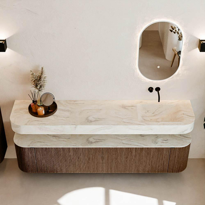 MONDIAZ THOR-DLUX 200cm meuble de salle de bains arrondi gauche + droite couleur Walnut avec 2 tiroirs et 2 portes. Vasque suspendue CLOUD droite sans trou de robinet couleur Ostra.