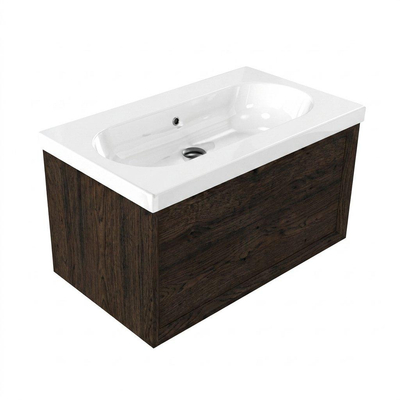 Saniclass Holz Frame Ensemble de meubles de salle de bains - 80x45x43.5cm - lavabo en céramique Palermo blanc - 1 vasque - sans trou de robinet - 1 tiroir - chêne charcoal mat (bois)