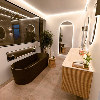 Mondiaz CIRO-DLUX Ensemble de meubles de salle de bains - 180x45x50cm - Plan vasque solid surface Meli - 2 vasques Double - sans trous de robinet - 4 tiroirs - Chêne