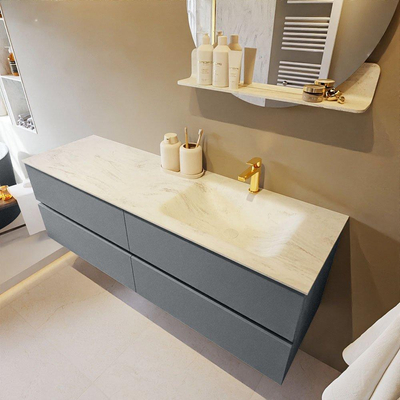 Mondiaz VICA-DLUX ensemble de meuble de salle de bain - 150cm - meuble sous-vasque plata - 4 tiroirs - lavabo encastré cloud droite - 1 trou de robinet - version haute de 60cm - opalo