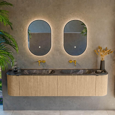 MONDIAZ KURVE-DLUX 190cm Meuble salle de bain avec module 25 G et D - couleur Oak - 2 tiroirs - 2 portes - vasque STOR SMALL double - sans trou de robinet - couleur Lava