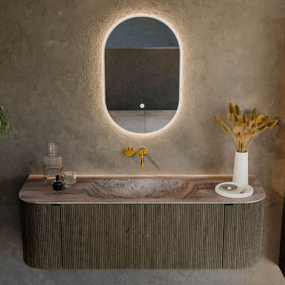 MONDIAZ KURVE-DLUX Meuble de salle de bains 140 cm arrondi Gauche + Droite couleur Shadow avec 1 tiroir et 2 portes. Lavabo BIG SMALL Central sans trou de robinet Oza.