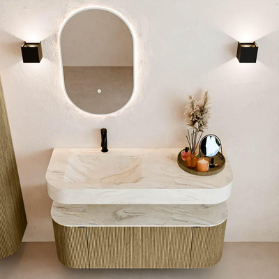 MONDIAZ THOR-DLUX Meuble de salle de bains 120cm arrondi gauche + droite couleur Dusk avec 1 tiroir et 2 portes. Vasque suspendue CLOUD Gauche 1 trou de robinet couleur Ostra.