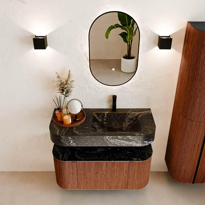 MONDIAZ THOR-DLUX 100cm meuble de salle de bains arrondi gauche + droite couleur Ruby avec 1 tiroir et 2 portes. Vasque suspendue CLOUD Droite 1 trou de robinet couleur Lava.