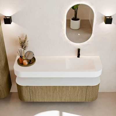 MONDIAZ THOR 150cm meuble de salle de bains arrondi gauche + droite couleur Dusk avec 1 tiroir et 2 portes. Vasque suspendue CLOUD Droite 1 trou de robinet couleur Talc.