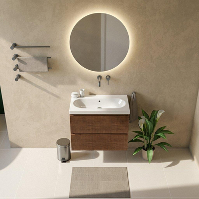 Saniclass Holz Atelier Ensemble meuble de salle de bains - 80x45x63.5cm - lavabo en céramique Palermo blanc - 1 vasque - sans trou de robinet - 2 tiroirs - walnut pure mat (bois)