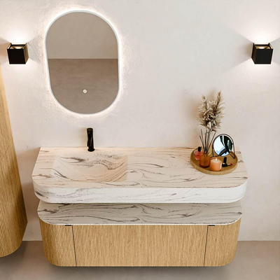MONDIAZ THOR-DLUX 140cm badmeubel ronding links + rechts kleur Oak met 1 lade en 2 deuren. Vrijhangende wastafel CLOUD Links 1 kraangat kleur Nata.