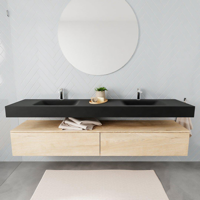 MONDIAZ ALAN 200cm - meuble bas - chêne blanchi - 2 tiroirs - lavabo suspendu - 2 vasques - 2 trous de robinet - urban