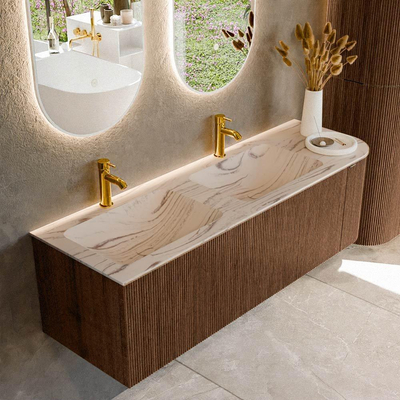 MONDIAZ KURVE-DLUX 145cm badmeubel ronding Rechts kleur Walnut met 1 lade en 1 deur. Wastafel LEAF Dubbel / Links 2 kraangaten Nata.