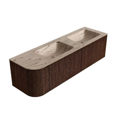 MONDIAZ KURVE-DLUX meuble de salle de bains 155cm arrondi gauche couleur noyer avec 2 tiroirs et 1 porte. Lavabo LEAF double / droite sans trou de robinet Arena.