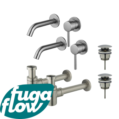 FugaFlow Eccelente Sobrado Badkamer Slim Wastafelkraanset - voor dubbele wastafel - inbouw wastafelkraan - klikwaste plug - verlaagde design sifon - PVD Geborsteld RVS -