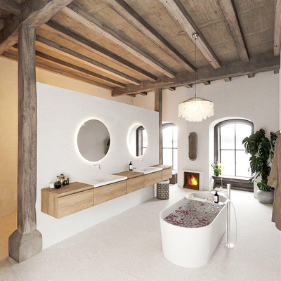MONDIAZ BUKLA meuble de salle de bain 340cm avec module 60 couleur Chêne blanchi avec 5 tiroirs. Lavabo CLOUD double 0 trou de robinet couleur Talc.