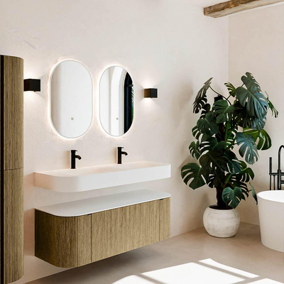 MONDIAZ THOR 130cm meuble de salle de bains arrondi gauche + droite couleur Dusk avec 1 tiroir et 2 portes. Vasque suspendue CLOUD Double 2 trous de robinet couleur Talc.