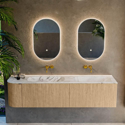 MONDIAZ KURVE-DLUX Meuble de salle de bains 175 cm avec module 25 L couleur Oak avec 2 tiroirs et 1 porte. Vasque STOR SMALL double / droite sans trou de robinet couleur Glace.