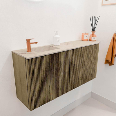 Mondiaz JOYA-DLUX 91.6cm toiletmeubel - ronding rechts kleur Dusk - Wastafel FAYE positie Links 1 kraangat kleur Frappe.