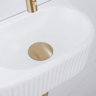 QeramiQ Fuente pack lave-mains – demi-rond – 40 x 21,5 x 12 cm – céramique blanc mat – robinet doré brossé – cannelé