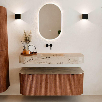 MONDIAZ THOR-DLUX 120cm meuble de salle de bains arrondi gauche + droite couleur Ruby avec 1 tiroir et 2 portes. Vasque suspendue CLOUD Milieu sans trou de robinet couleur Arena.