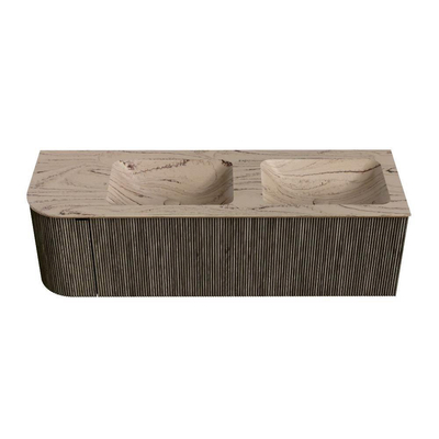 MONDIAZ KURVE-DLUX meuble de salle de bains 145 cm arrondi à gauche couleur Shadow avec 1 tiroir et 1 porte. Lavabo LEAF Double / à droite sans trou de robinet Arena.