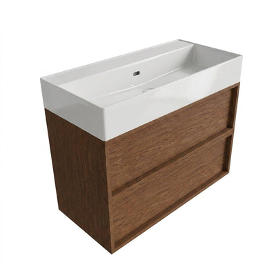 Saniclass Holz Frame Ensemble meuble de salle de bains - 100x45x72cm - Lavabo Legend en céramique blanc - 1 vasque - sans trou de robinetterie - 2 tiroirs - noyer pure mat (bois)