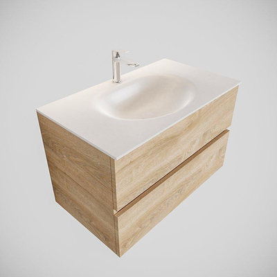 ENSEMBLE DE MEUBLE MONDIAZ VICA - 80cm - 2 tiroirs - lavabo Moon central - 1 trou de robinet - solid surface chêne blanchi