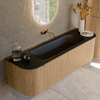 MONDIAZ KURVE 150cm badmeubel met module 25 Len R kleur Oak met 1 lade en 2 deuren. Wastafel BIG MEDIUM midden zonder kraangat Urban.
