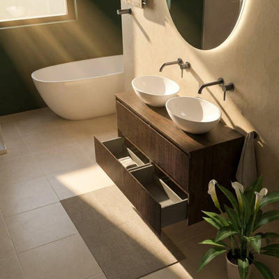 Saniclass Holz Atelier Ensemble de meubles de salle de bains - 120x45x62cm - plan de toilette en bois - sans trou de robinet - 2 tiroirs - chêne charcoal mat (bois)