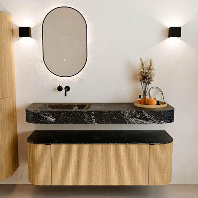 MONDIAZ THOR-DLUX 140cm meuble de salle de bains arrondi gauche + droite couleur Oak avec 1 tiroir et 2 portes. Vasque suspendue CLOUD gauche sans trou de robinet couleur Lava.