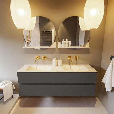 Mondiaz VICA-DLUX ensemble de meuble de salle de bain - 150cm - meuble sous-vasque gris foncé - 2 tiroirs - lavabo encastré cloud double - sans trous de robinet - version haute de 60cm - ostra