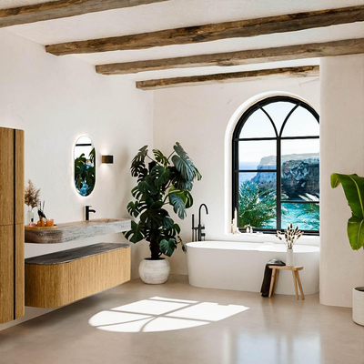 MONDIAZ THOR-DLUX 160cm badmeubel ronding links + rechts kleur Oak met 1 lade en 2 deuren. Vrijhangende wastafel CLOUD Rechts 1 kraangat kleur Oza.