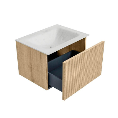 MONDIAZ KURVE-DLUX 60cm badmeubel kleur Oak met 1 lade. Wastafel CLOUD midden 1 kraangat kleur Opalo.