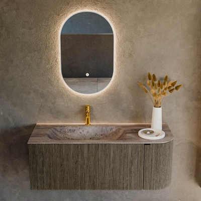 MONDIAZ KURVE-DLUX Meuble de salle de bains 115cm arrondi à droite couleur Shadow avec 1 tiroir et 1 porte. Lavabo BIG SMALL gauche 1 trou de robinet Oza.