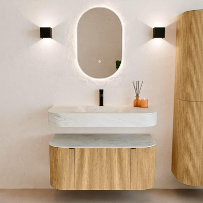 MONDIAZ THOR-DLUX 100cm badmeubel ronding links + rechts kleur Oak met 1 lade en 2 deuren. Vrijhangende wastafel CLOUD Midden 1 kraangat kleur Opalo.