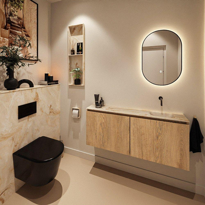 MONDIAZ TURE-DLUX Meuble de toilette 120cm Washed Oak. EDEN lavabo Frappe position droite. Sans trou de robinet.