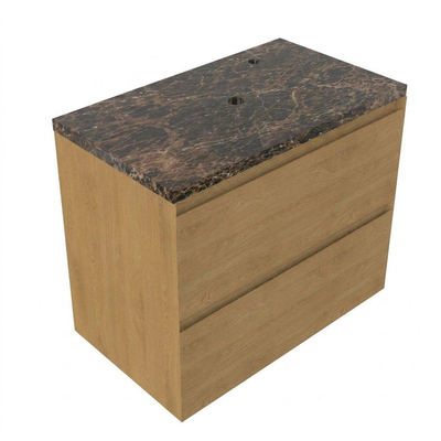 Saniclass Holz Pure Ensemble de meubles de salle de bains - 80x45x63cm - Plan de travail en pierre naturelle Noche dark emperador - 1 trou de robinetterie - 2 tiroirs - chêne natural mat (bois)