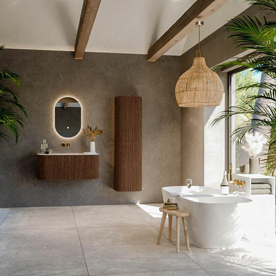 MONDIAZ KURVE 100cm Meuble salle de bain avec module 25 G et D - couleur Walnut - 1 tiroir - 2 portes - vasque GRUNNE centre - sans trous de robinet - Talc