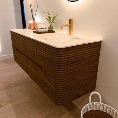 Mondiaz CIRO-DLUX Meuble de salle de bains - 140x45x50cm - Plan vasque solid surface Ostra - 1 lavabo à droite - 1 trou de robinet - 4 tiroirs - Dusk