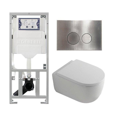 QeramiQ Dely Swirl Ensemble WC- 36.3x51.7cm - Réservoir encastré Geberit UP320 - Abattant 35mm - Plaque de commande en inox- Boutons ronds - Blanc brillant