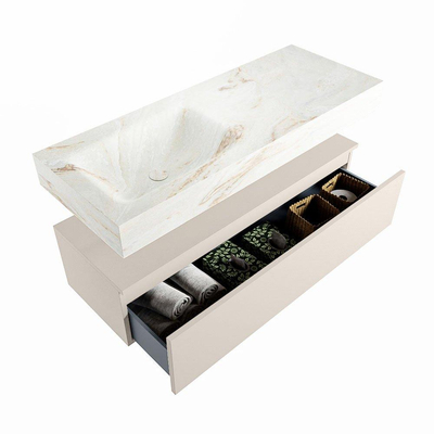 Mondiaz ALAN-DLUX Ensemble de meuble - 120cm - meuble Linen mat - 1 tiroir - Lavabo Cloud Frappe suspendu - vasque Gauche - 0 trous de robinet